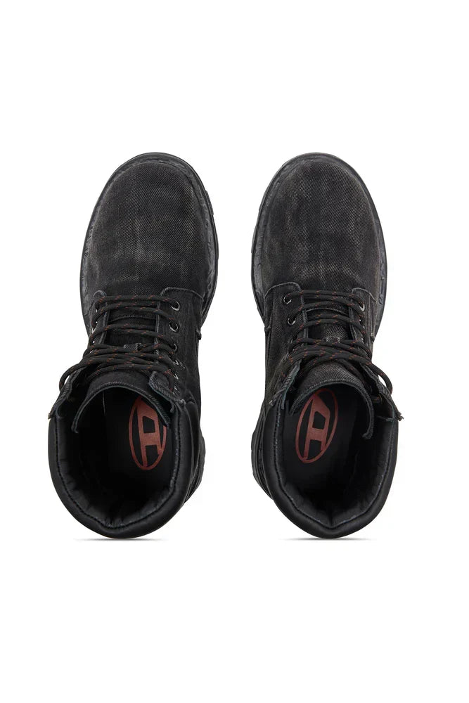 D-Hammer-Combat boots in denim and leather