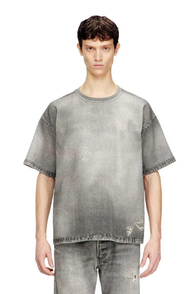 Denim T-shirt with trompe l'oeil treated effect
